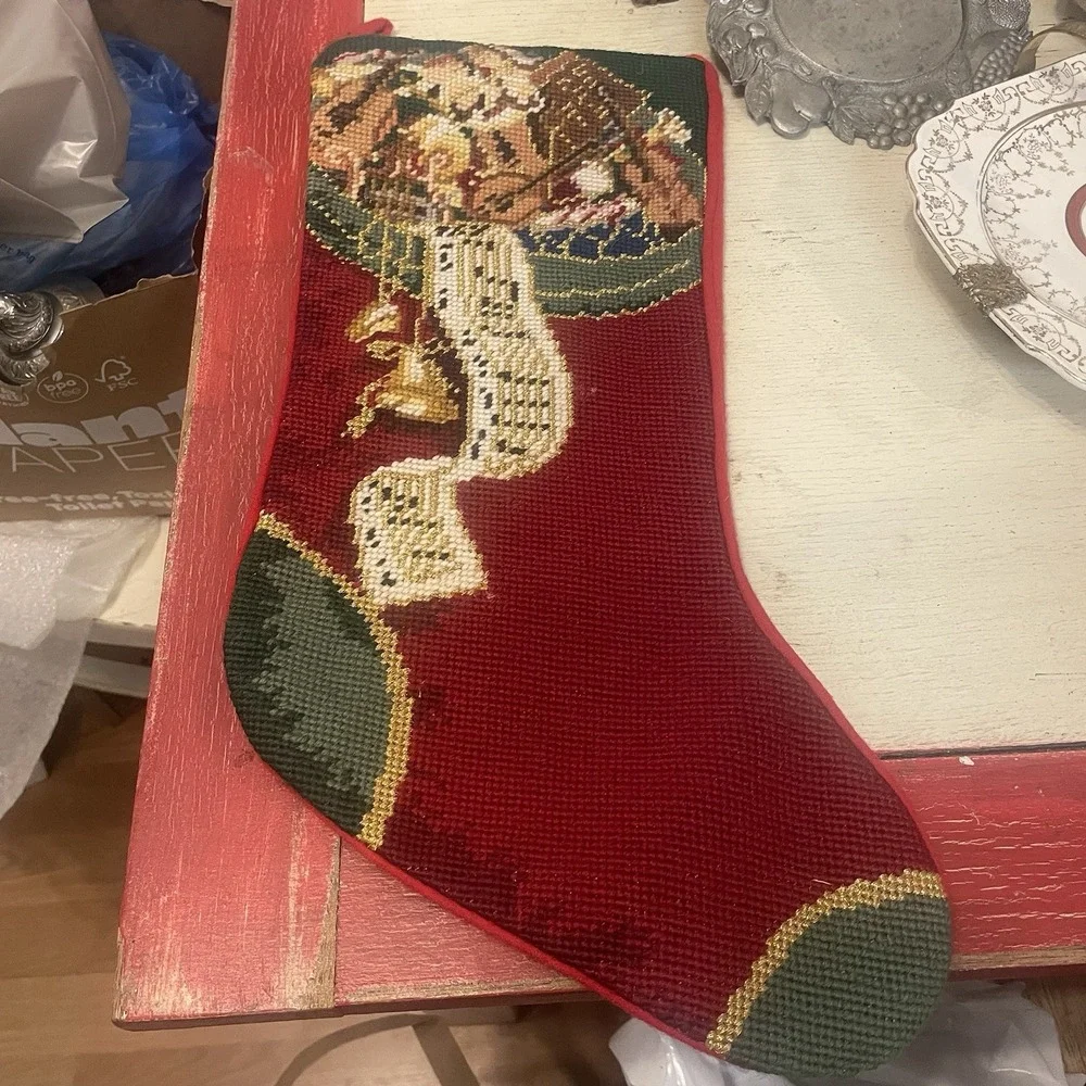 Vintage Needlepoint Christmas Stocking Red Flannel Backing